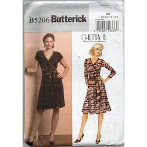 Butterick 5206 Sewing Pattern Dress 8 10 12 14 Wrap Bodice Knee Length NEW UNCUT